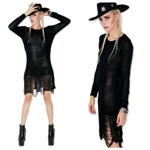 UNIF Black Knit Sweater Dress Distressed Hem Grunge Goth Long Sleeve Size M